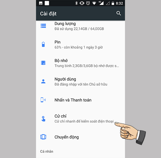 Vào cài đặt cử chỉ